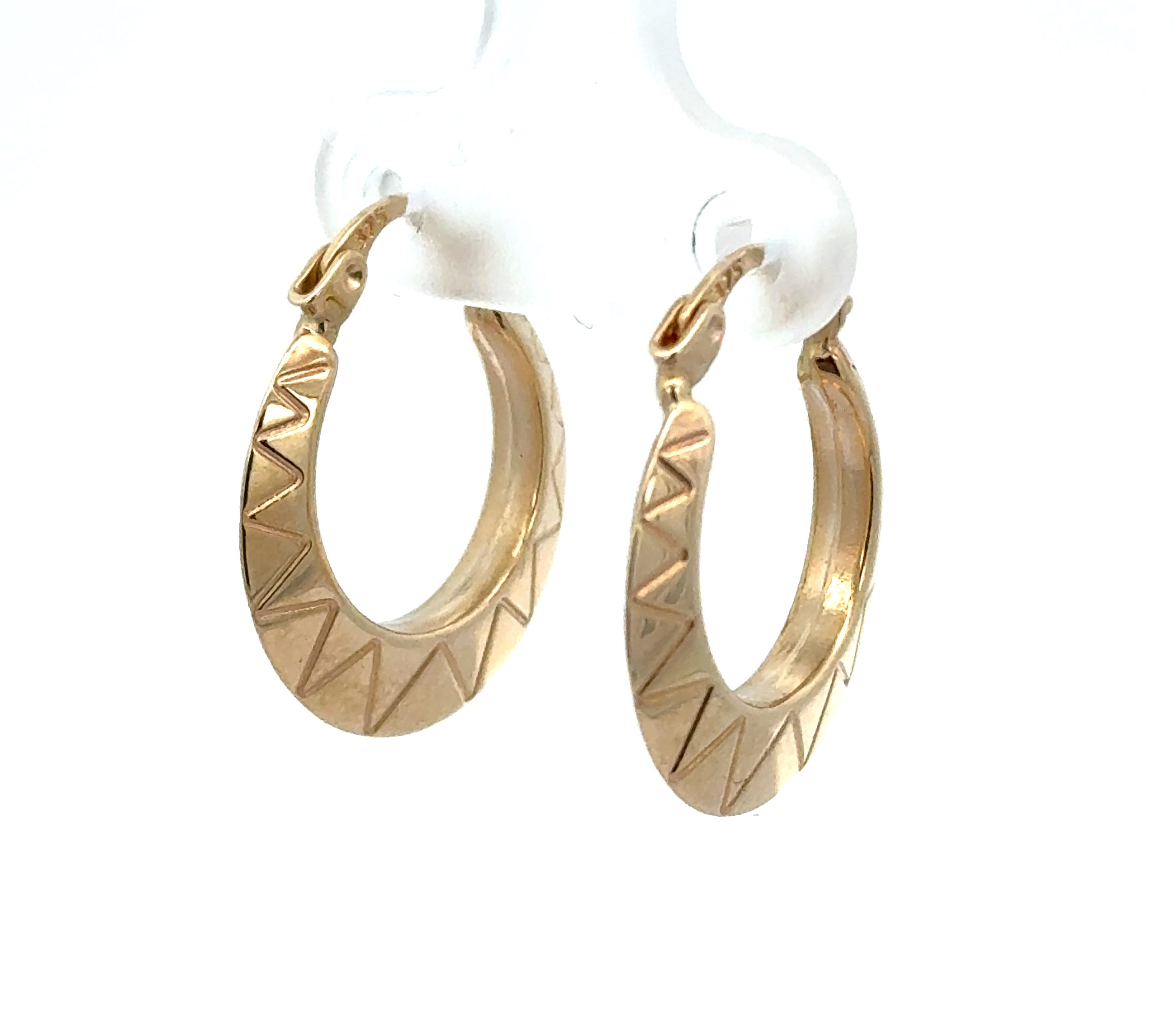9K Hollow Yellow Gold Creole Style Zigzag Patterned Earrings Side